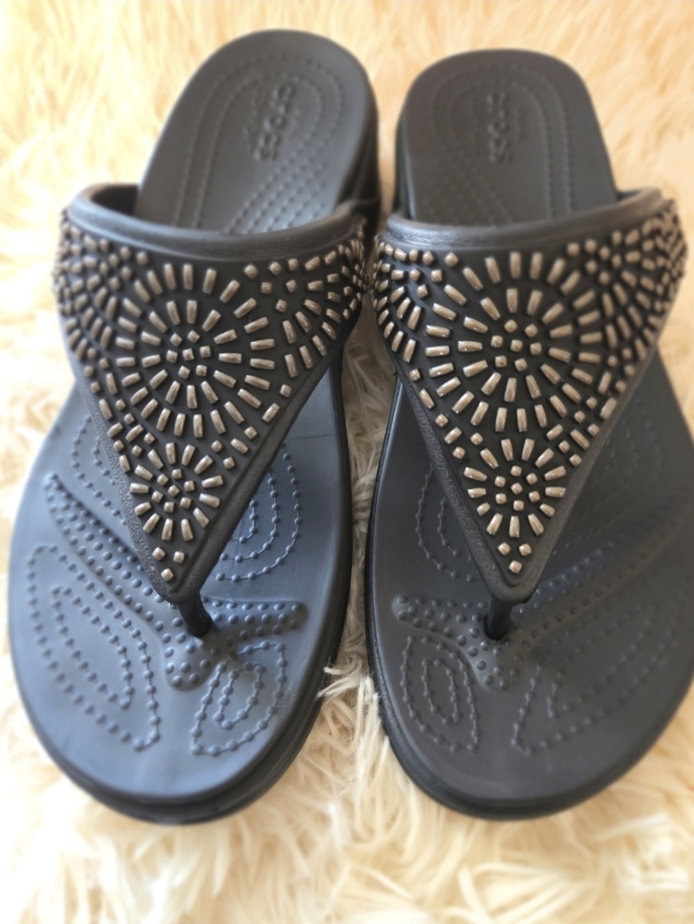 Crocs Monterey Diamante Slide Wedge Sandal  Black Beaded Comfort